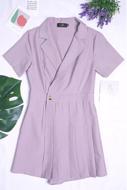 Fine Notch Collar Pleated Front Overlay Wrap Playsuit (Grey Purple)
